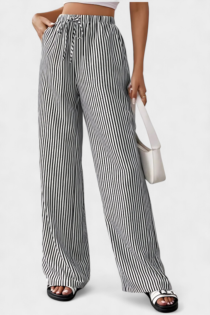 Adjustable Waist Lightweight Striped Straight Pants - Sabrina