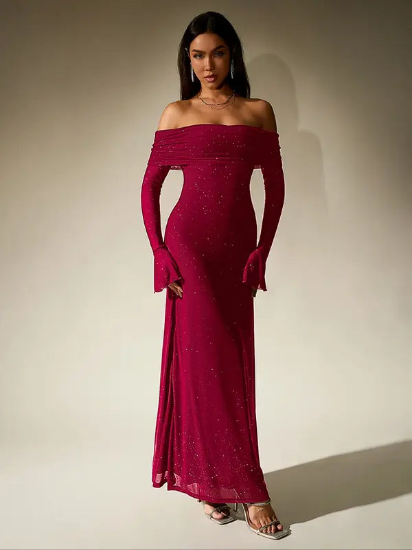 Andrea™ | Women's Off-The-Shoulder Ruched Contrast Sequin Bodycon Dress