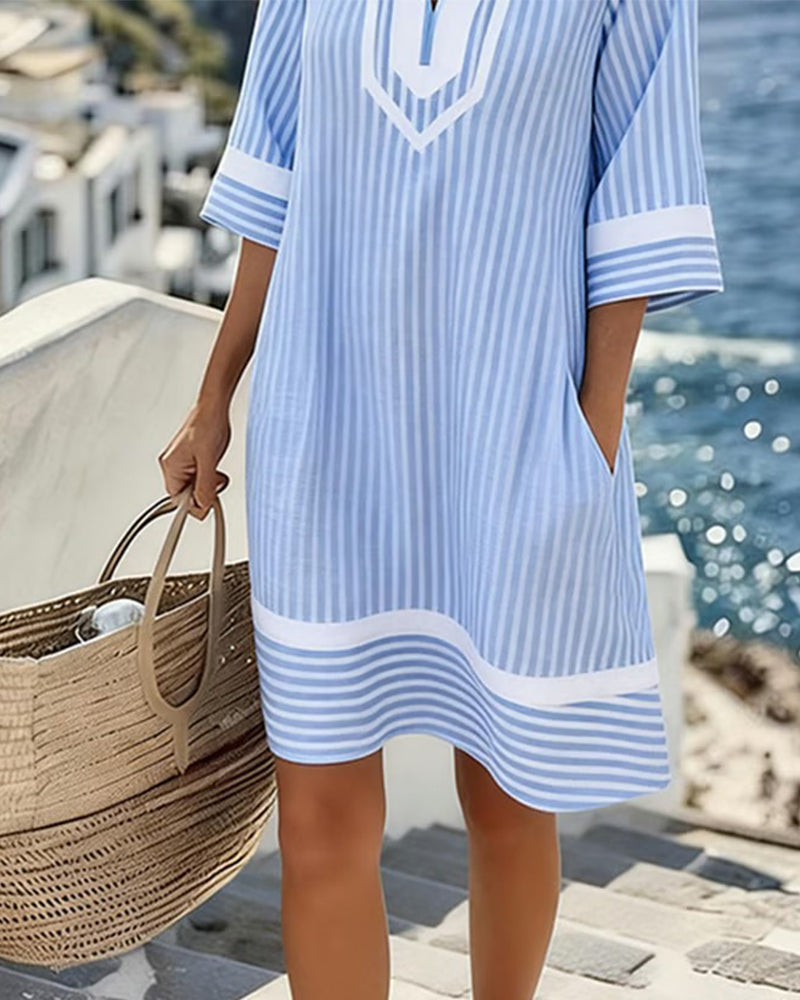 Klara™ | Light Striped V-Neck Dress