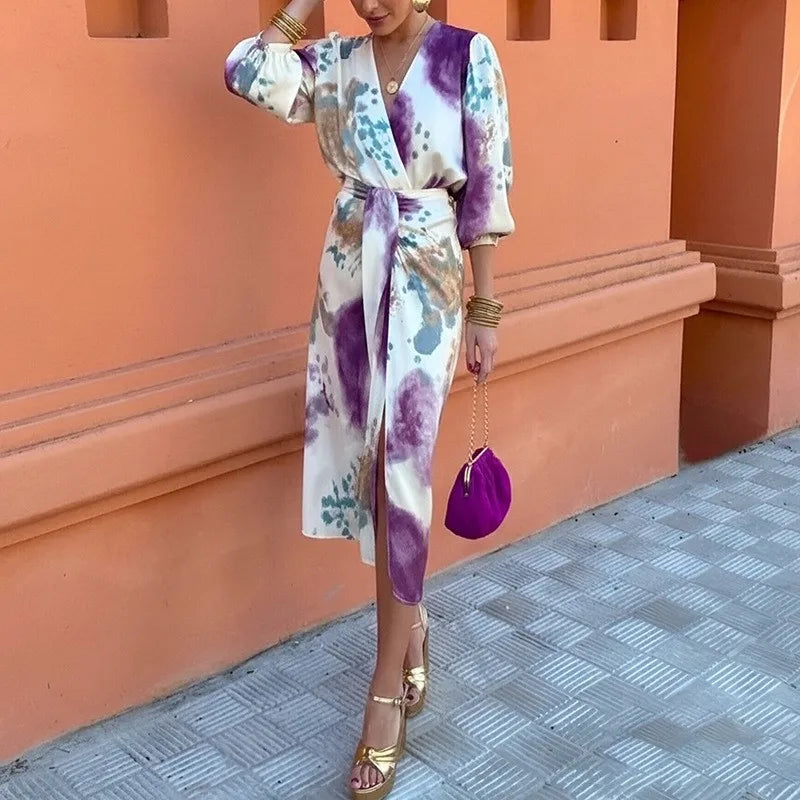 Abstract Print Two-Piece Set with Tie-Waist Belt