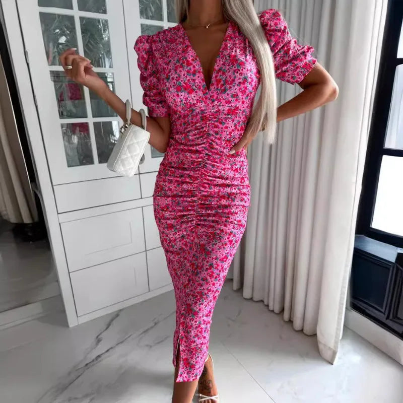 Floral Print Puff-Sleeve Ruffle Bodycon Midi Dress