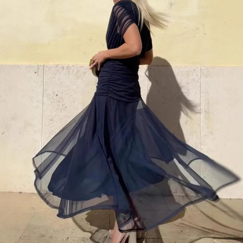 Mesh Print Spaghetti Strap Midi Dress