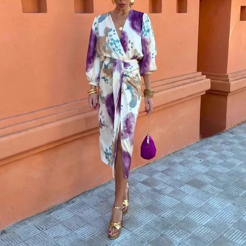 Abstract Print Two-Piece Set with Tie-Waist Belt