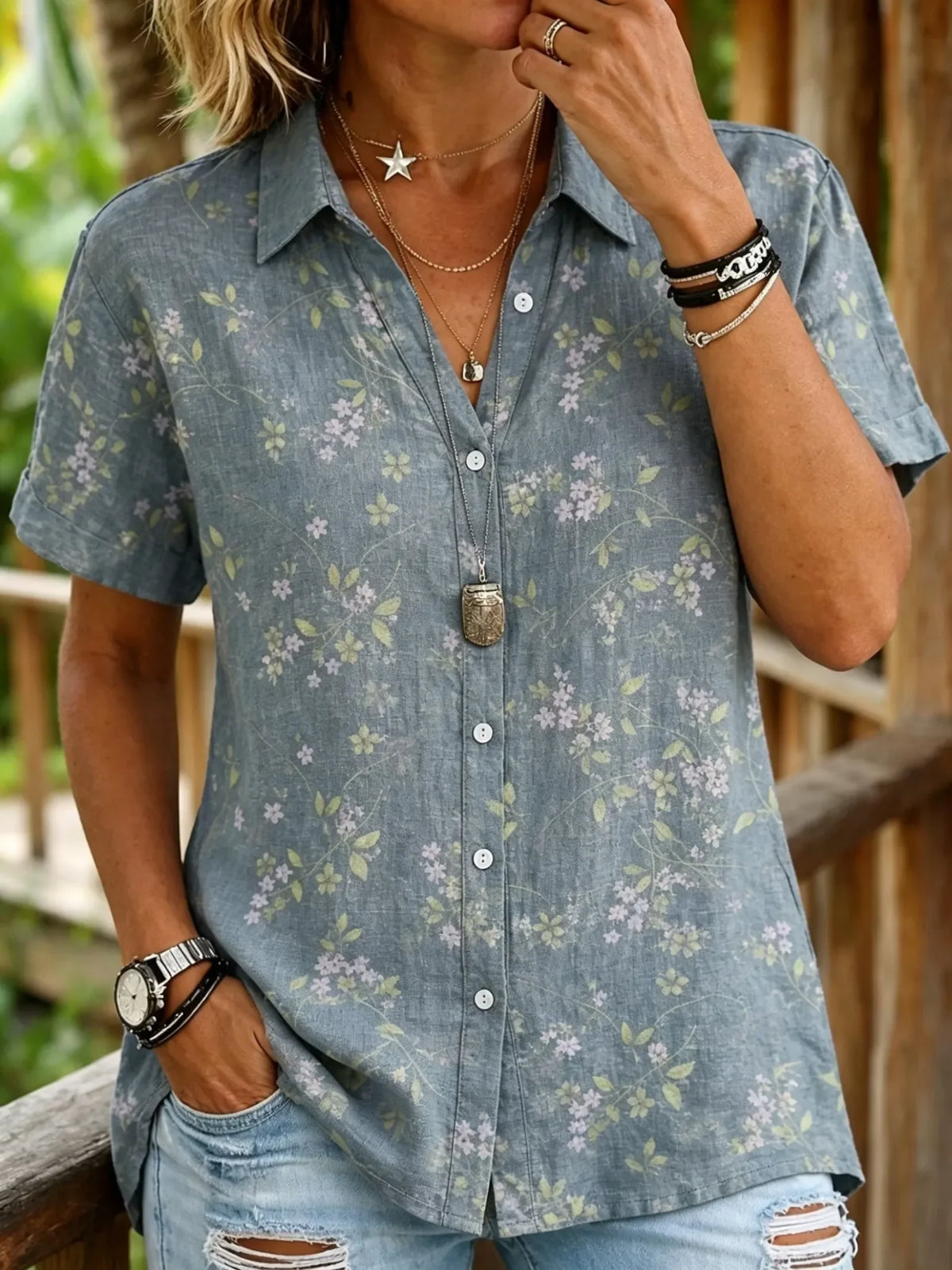 Elspeth Leaf Print Button-Up Shirt - Dusty Blue