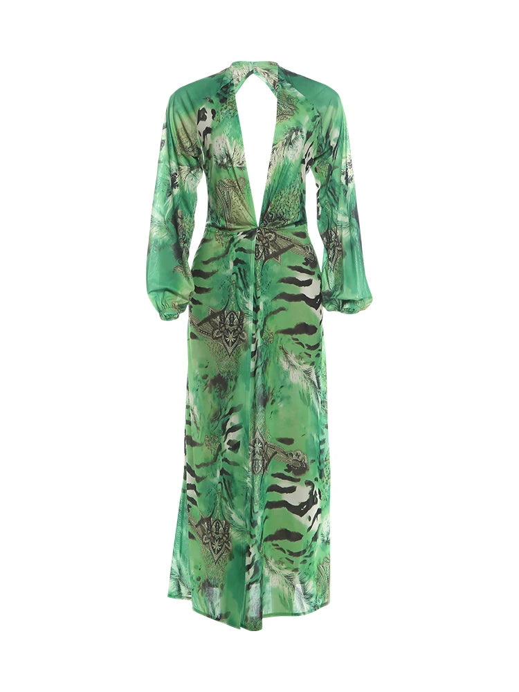 Backless Tiger Stripe Print Maxi Dress with Lantern Sleeves