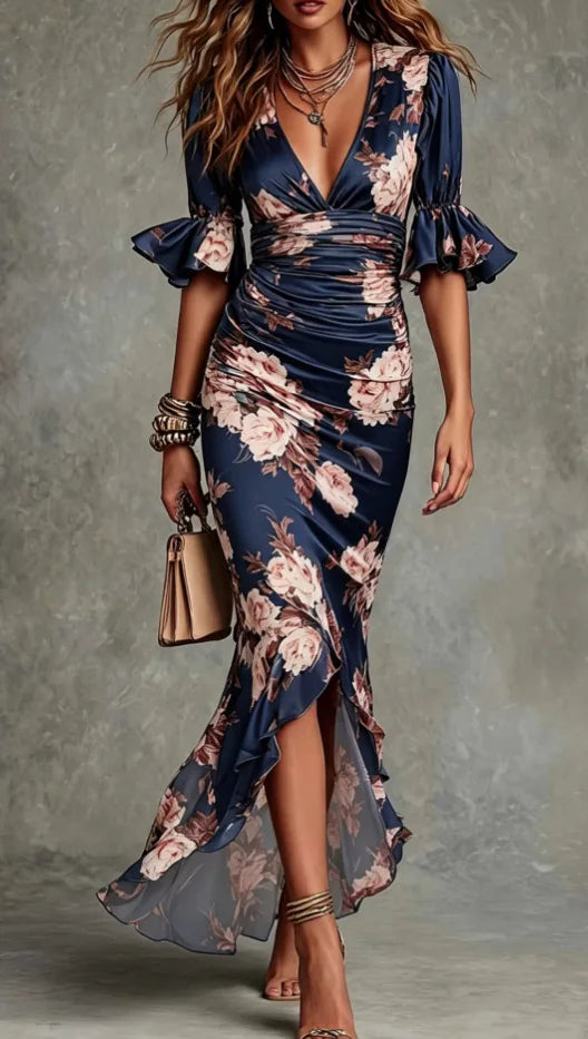Hibiscus Print Lace-Trim Maxi Dress