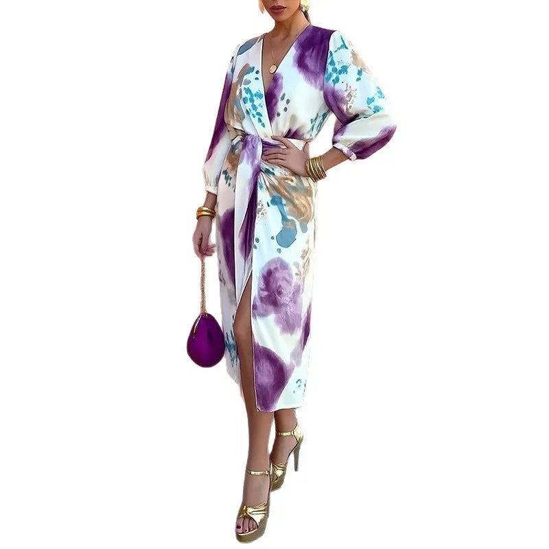 Abstract Print Two-Piece Set with Tie-Waist Belt