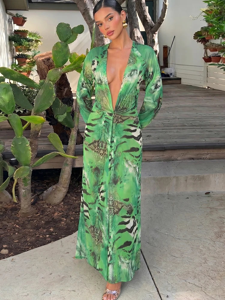 Backless Tiger Stripe Print Maxi Dress with Lantern Sleeves