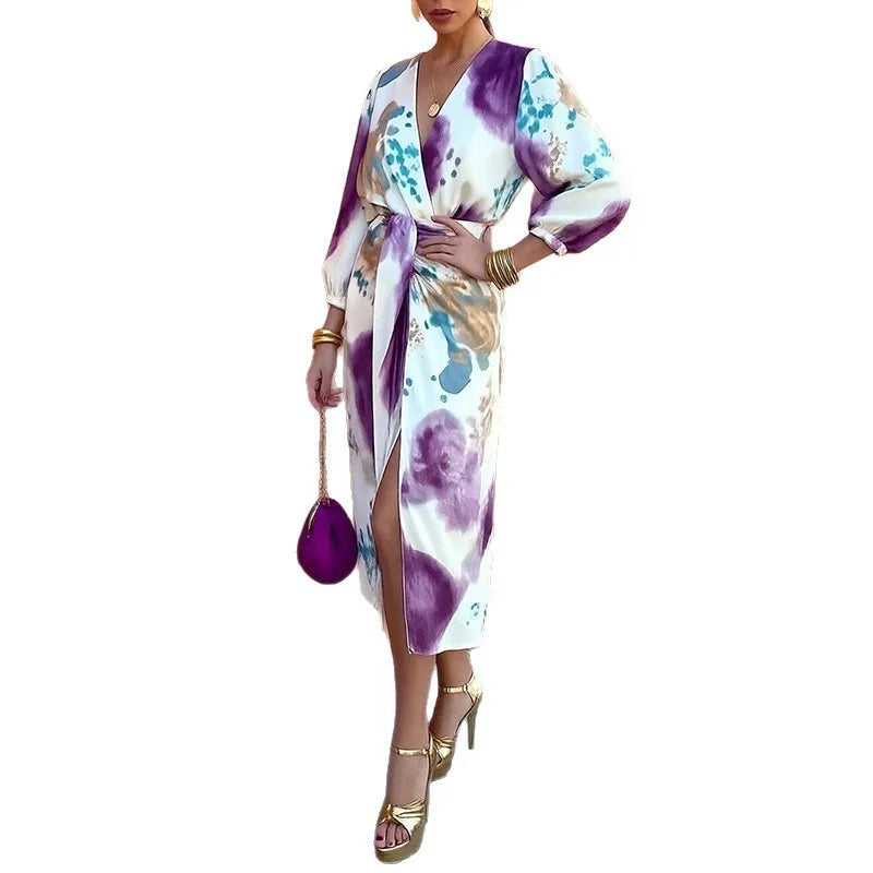 Abstract Print Two-Piece Set with Tie-Waist Belt