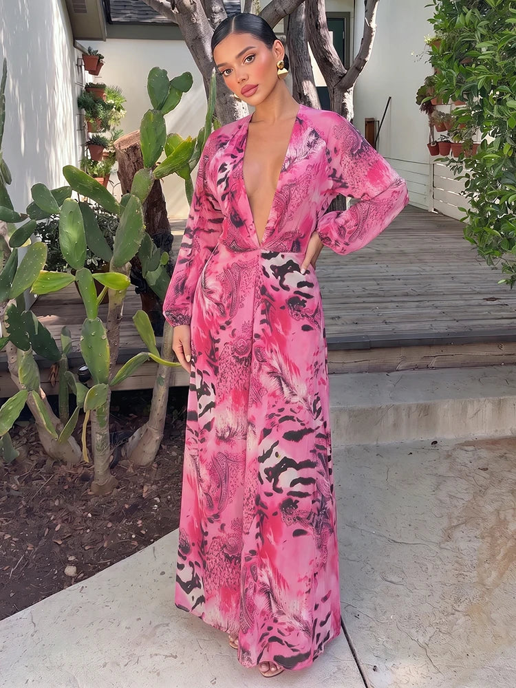 Backless Tiger Stripe Print Maxi Dress with Lantern Sleeves