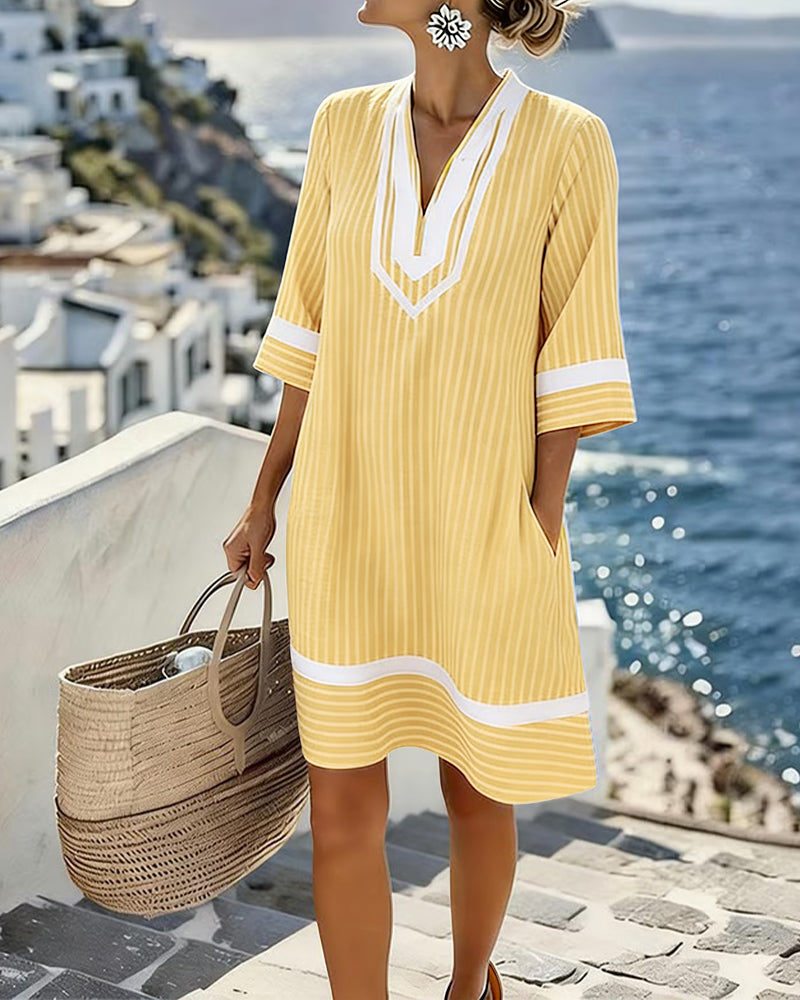 Klara™ | Light Striped V-Neck Dress