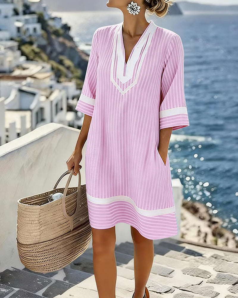 Klara™ | Light Striped V-Neck Dress