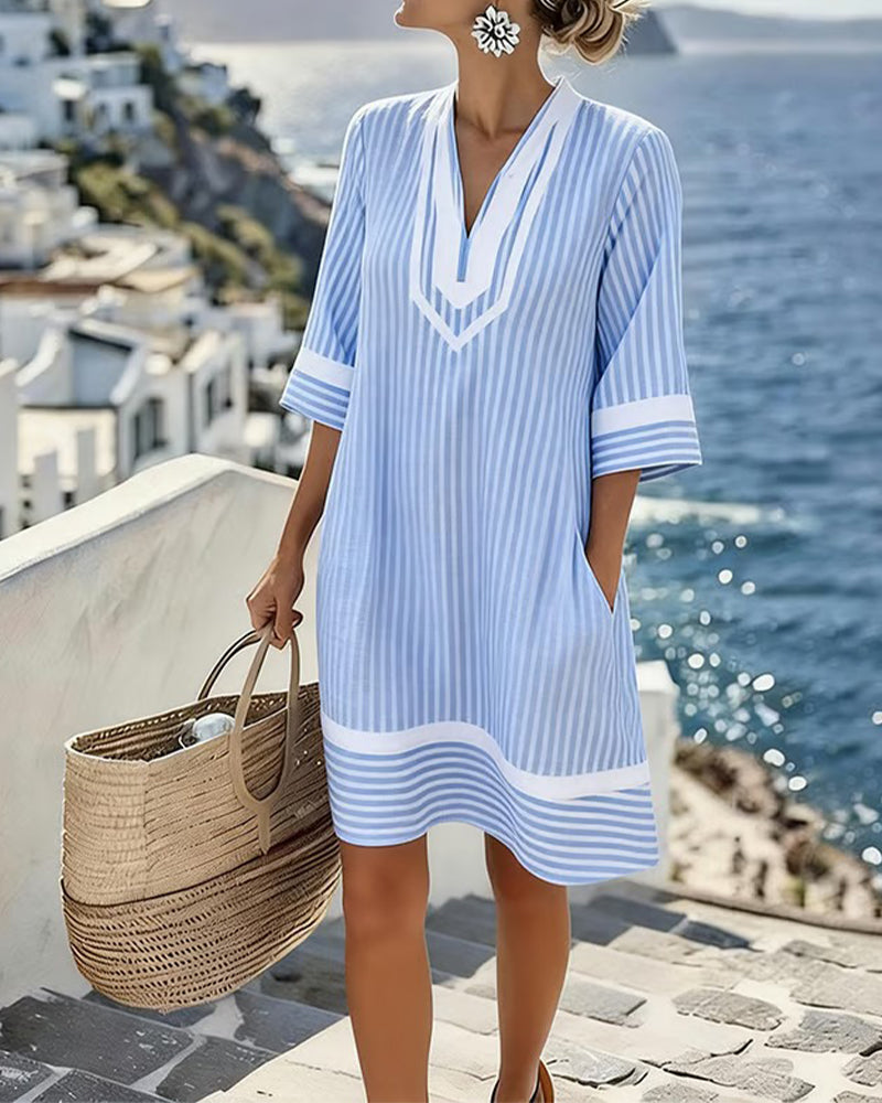 Klara™ | Light Striped V-Neck Dress