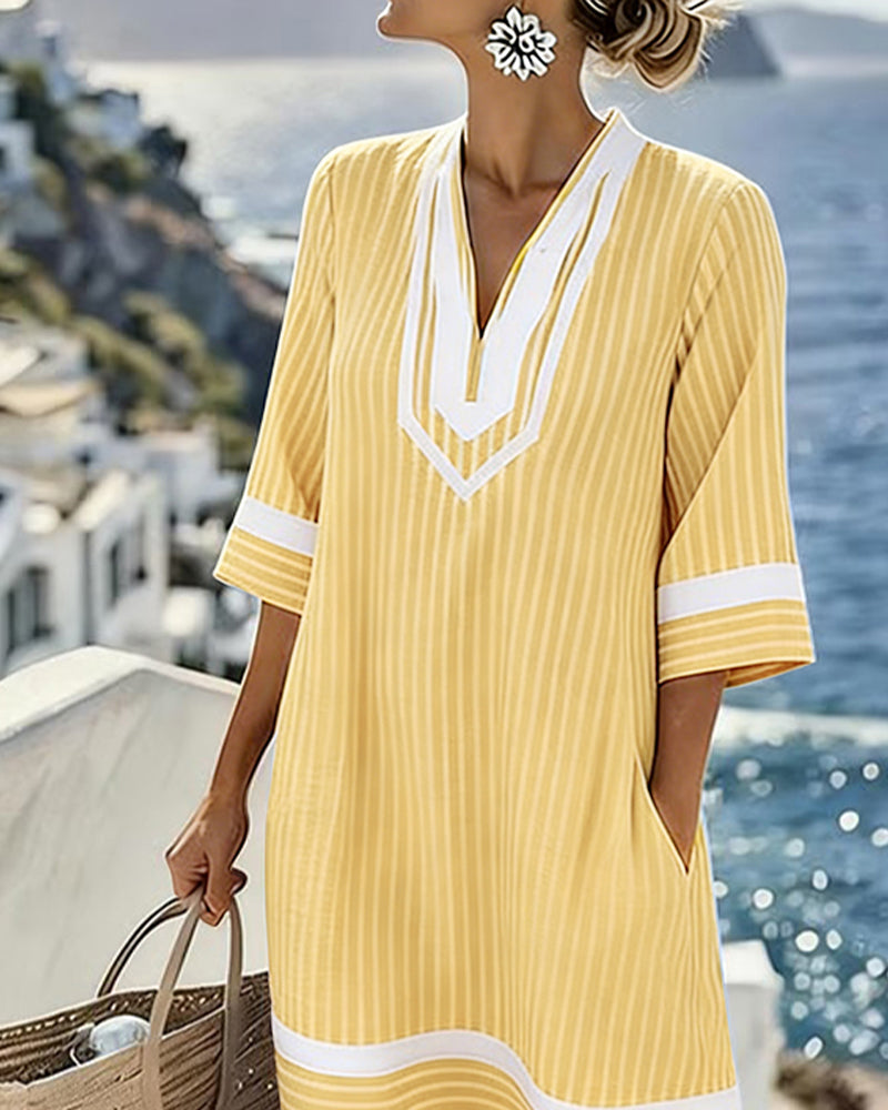 Klara™ | Light Striped V-Neck Dress