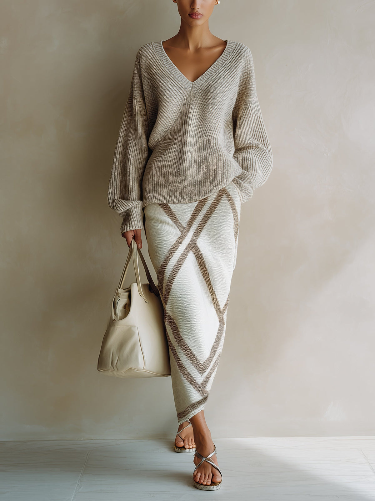 Women's 2-Piece Knit Sweater & Midi Skirt Set - V-Neck Oversized Pullover With Geometric Knit Pencil Skirt