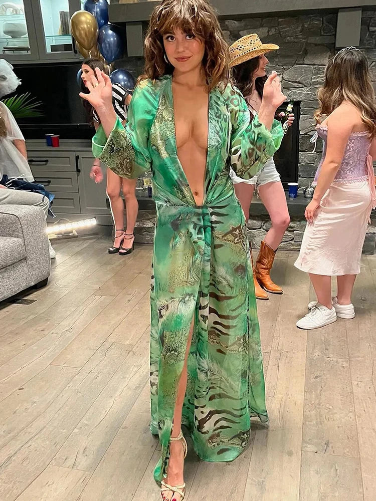 Backless Tiger Stripe Print Maxi Dress with Lantern Sleeves