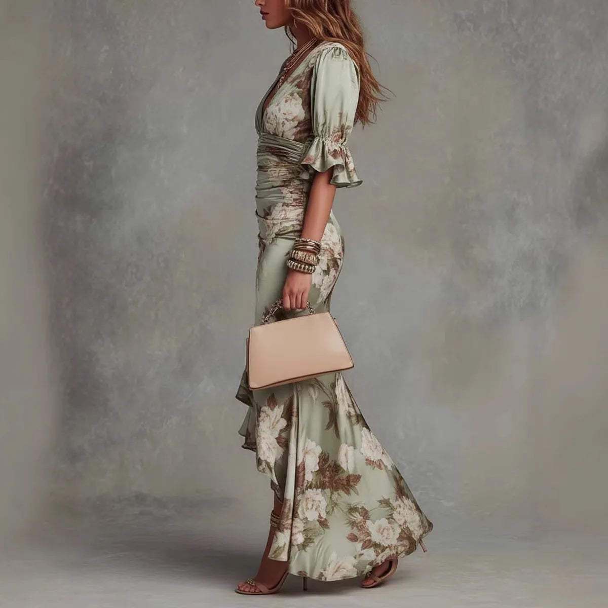 Hibiscus Print Lace-Trim Maxi Dress