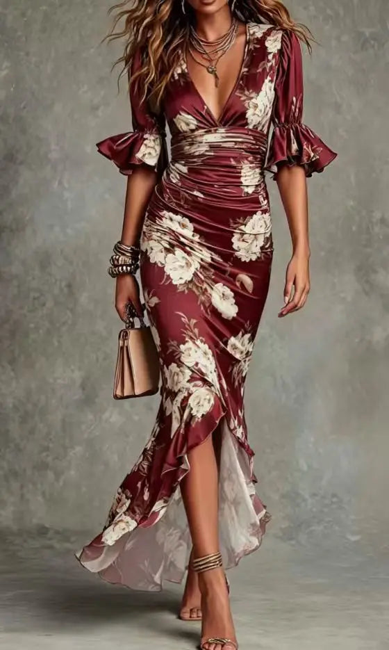 Hibiscus Print Lace-Trim Maxi Dress