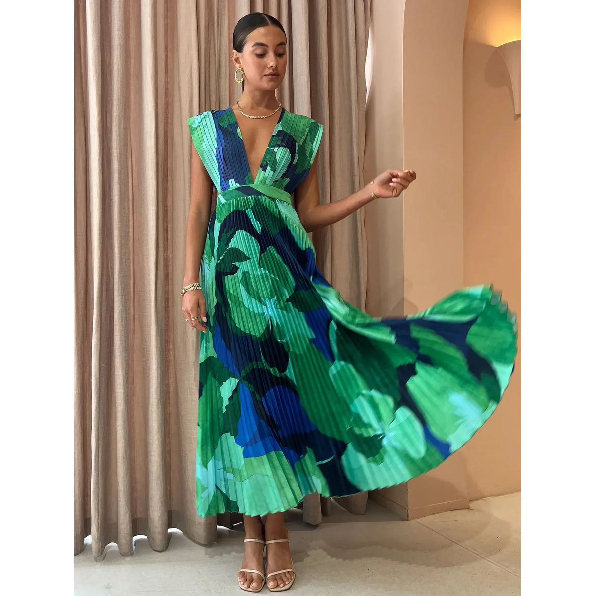 Pleated Sleeveless Holiday Dress