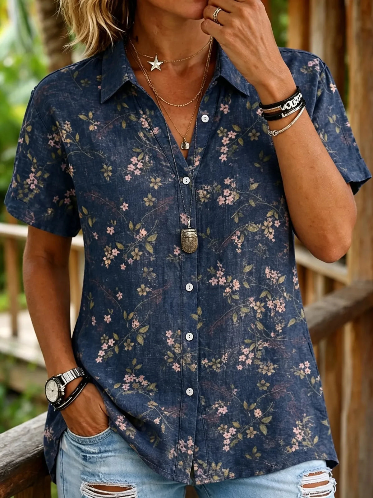 Dames overhemd met korte mouwen, revers, vintage bloemenprint en knoopsluiting, casual tops voor lente, zomer, dagelijks gebruik en feestdagen, vintage overhemden