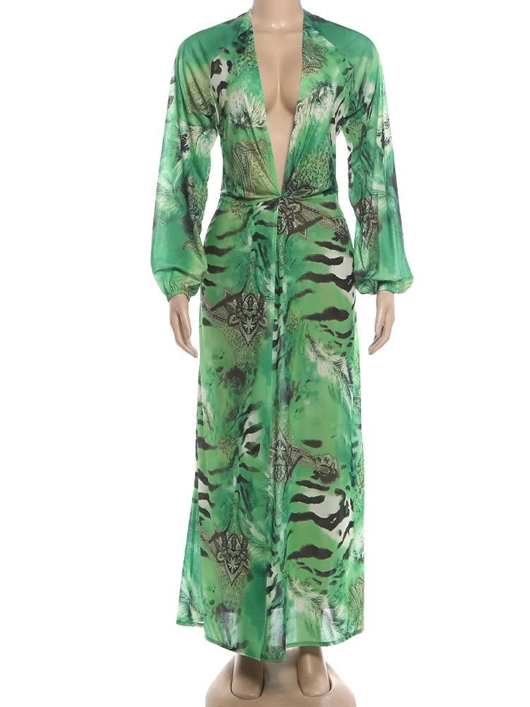 Backless Tiger Stripe Print Maxi Dress with Lantern Sleeves