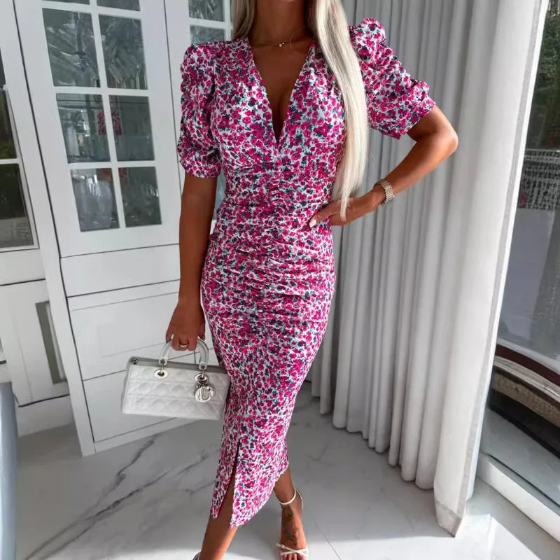 Floral Print Puff-Sleeve Ruffle Bodycon Midi Dress