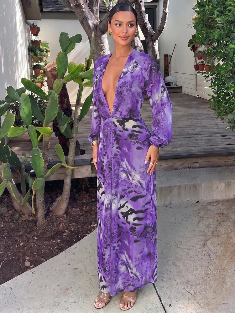 Backless Tiger Stripe Print Maxi Dress with Lantern Sleeves