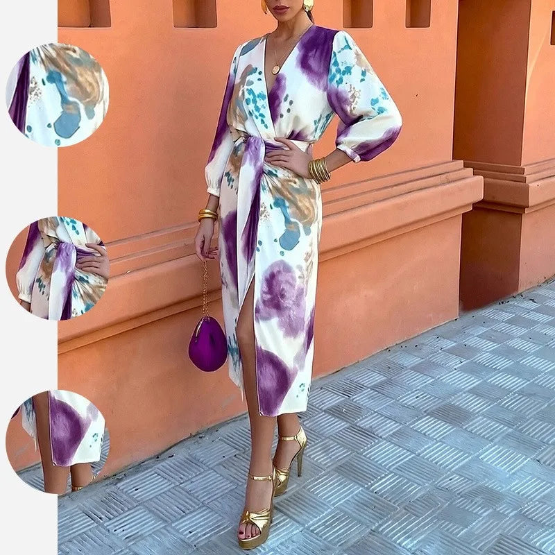 Abstract Print Two-Piece Set with Tie-Waist Belt