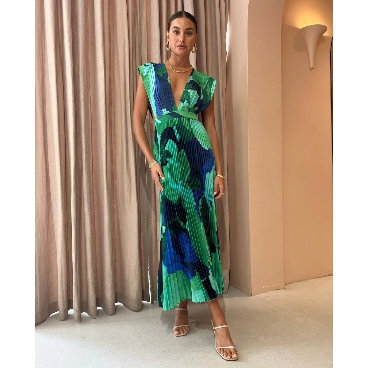 Pleated Sleeveless Holiday Dress