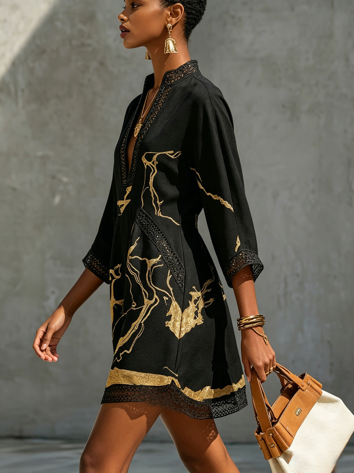 Alissa | Black and Gold Crochet Mini Dress