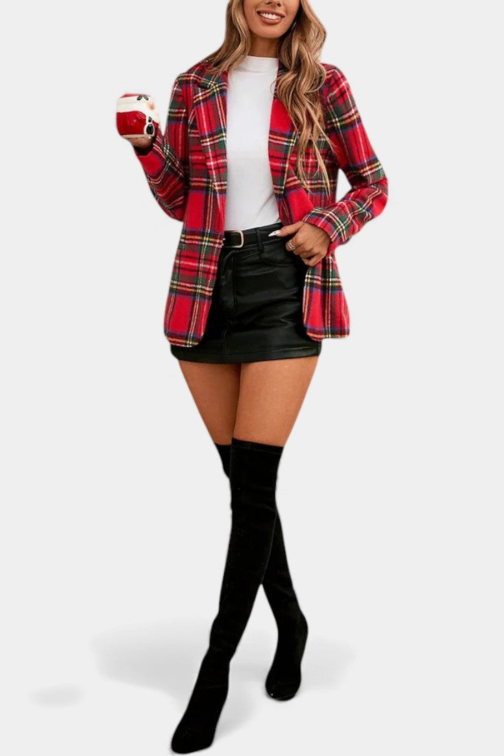 Alvine Long Checkered Blazer featuring Notched Collar and Single Button Fastening