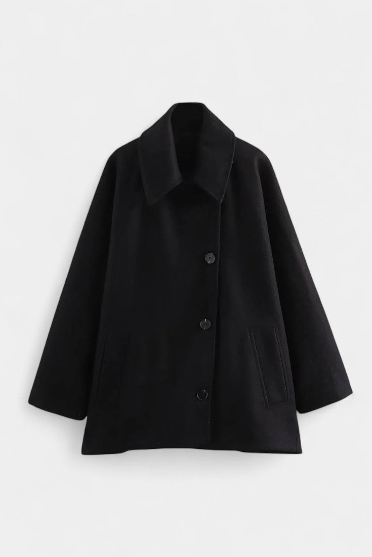 Ambreline Wool Coat with Notched Collar and Mid-Length Batwing Sleeves
