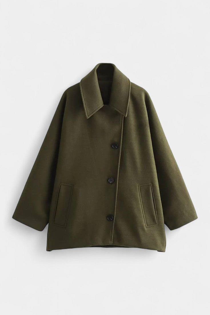 Ambreline Wool Coat with Notched Collar and Mid-Length Batwing Sleeves