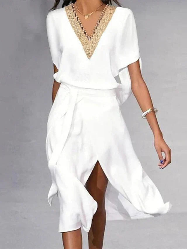 Analia™ | Elegant V Neck Wrap Midi Dress